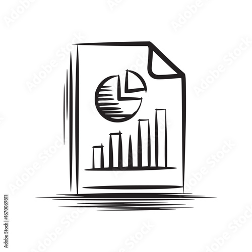 A stylized sketch of a document with a pie chart and bar graph in black and white illustration style