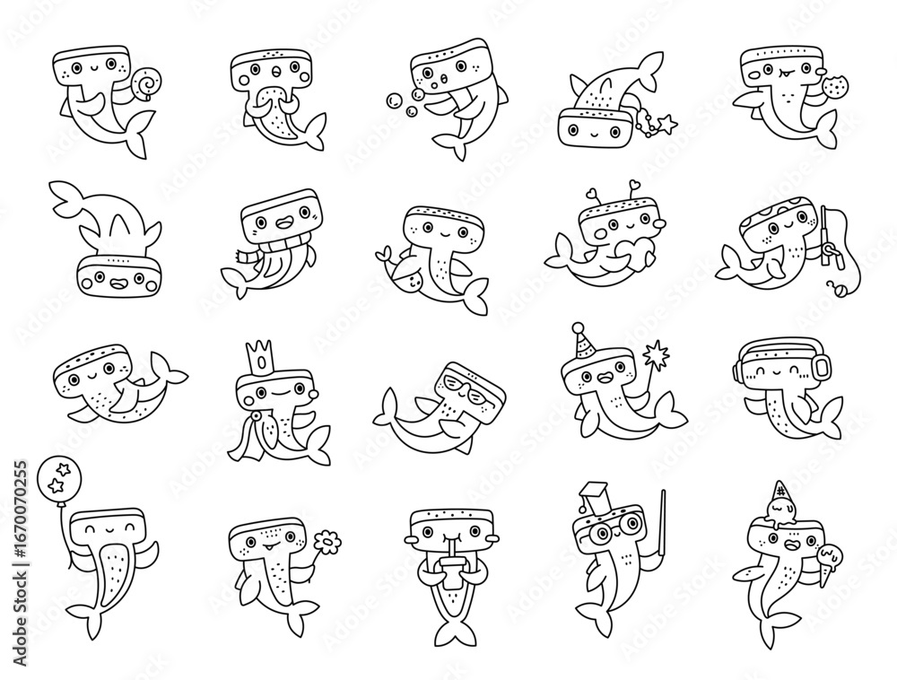 Fototapeta premium Hammerhead shark character set in outline line art showing charming underwater moments with accessories, food, beverage, gift, and adorable marine activities for creative illustration projects