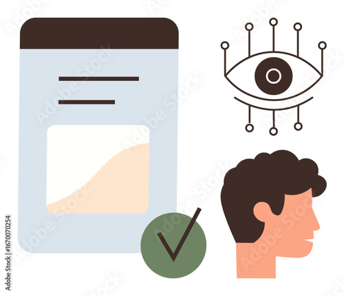 Digital identification system with face profile, security checkmark, and biometric eye interface. Ideal for security, privacy, technology, AI, identity, cybersecurity and authentication simple flat