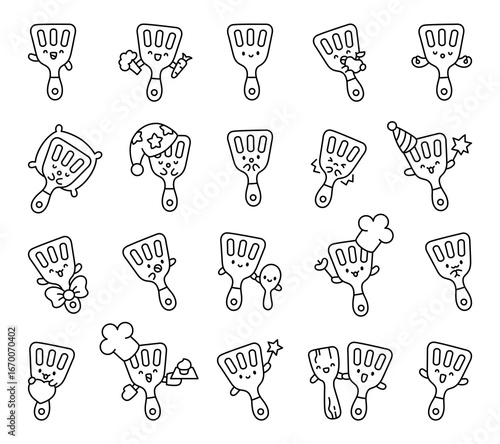 Spatula character set in kawaii cartoon style showing cooking moments, celebrations, relaxation, friendship, and kitchen activities with delightful utensil designs for your creative projects