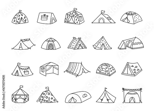 Tent set camping outdoor shelter in outline line art featuring different shapes perfect for summer vacation trip adventures and for your illustration and creative designs projects