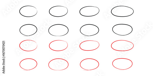 Black and red circle on isolated white background. 16 different shapes doodle ellipse. Different shapes isolated white background. EPS 10. Vector icon set. 