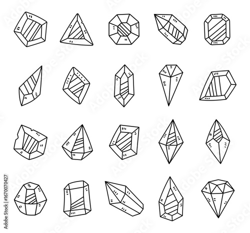 Precious stone set in outline line art with various gem shapes faceted polished luxury mineral jewelry objects for your illustration and creative designs projects