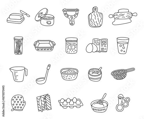 Kitchen set in outline line art featuring cookware, utensils, ingredients, bowl, tray, jar, spoon, tool, book, drink and containers for preparation and homemade food projects