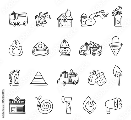 Fire station set in outline line art featuring truck, hydrant, extinguisher, helmet, bucket, cone, axe, megaphone, building, flame, match hose and emergency equipment