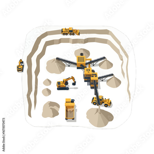 Aerial View of Yellow Heavy Machinery Excavating Material in an Open Pit Mine Construction Site with Sand and Gravel