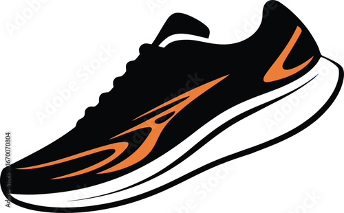 Black Running Shoe Vector Illustration with Orange Accents. Sport Sneaker Icon.
