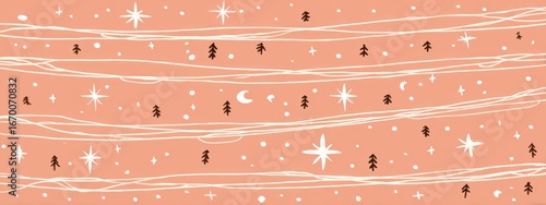 Whimsical, peach background with hand-drawn white lines, stars, dots, tiny trees, and a crescent moon. Festive, cute, and dreamy