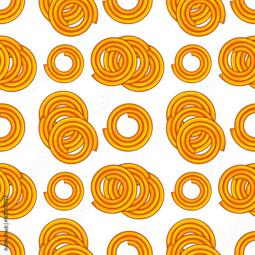 Seamless pattern of traditional Indian snack Chakli, crispy spiral fritters served during festivals like Diwali. Crunchy festive food background