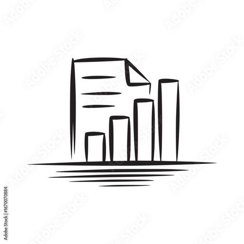 A simple black and white drawing of a document next to a bar graph on a white background space