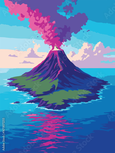 Active Volcano Eruption with Sunset Background