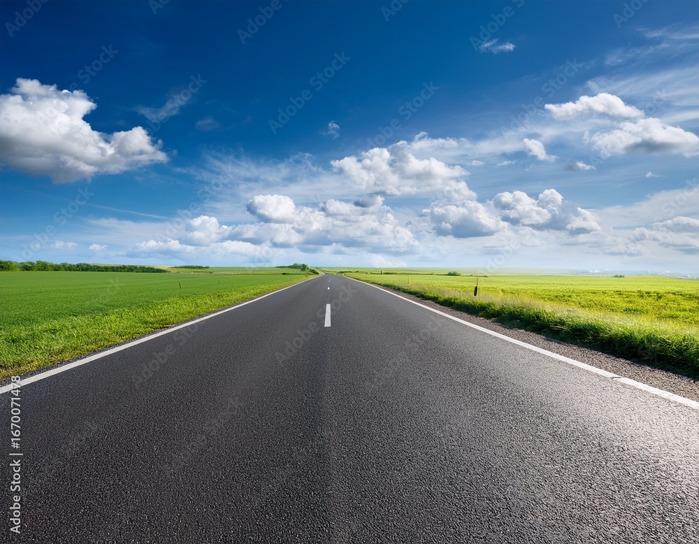an empty asphalt road stretching towards a green field under a bright blue sky with white fluffy clouds an empty asphalt road stretching towards a green field under a bright blue sky with white fluffy clouds