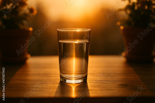 Glass of Water with Sunset Reflection on Wooden Table
