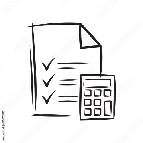 A simple sketch of a checklist document with checkmarks and a calculator next to it in black and white