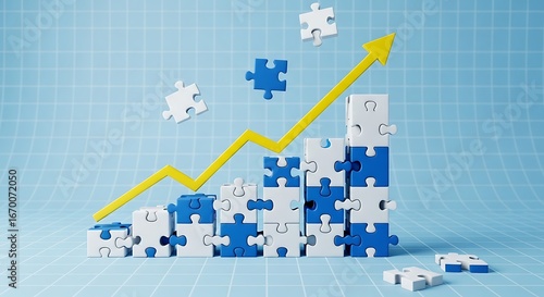A graphic representation of a rising trend, depicted by stacked puzzle pieces forming a chart, with a bright yellow upward trend line.