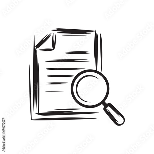 A sketch of a document with lines and a magnifying glass on a white background in black and white