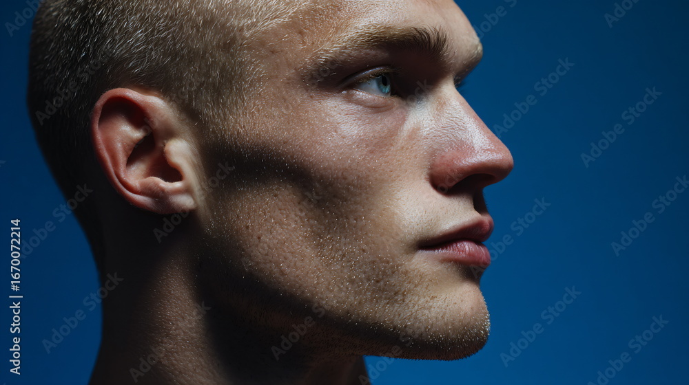 Obraz premium Hyper realistic grainy portrait in cerulean blue studio