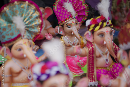 Canvas Print Lord Ganesha idol for Ganesh Chaturthi festival in India, Colorful Ganpati statue Stock Photo, Lord Ganesha murti