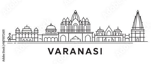 Varanasi India Line Art Skyline Travel Destination. with white background