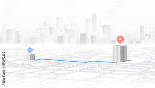 We moved. 3D navigation map with route and location pin. Perspective city map with navigation route to new delivery redirection. Communication about moving relocation announcement. Vector illustration