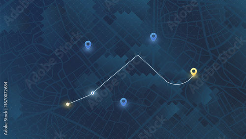 Car navigation map. Route planning with destination marker and ETA. GPS tracking system to navigate around the city. City map with car icon on planned route. Vector illustration
