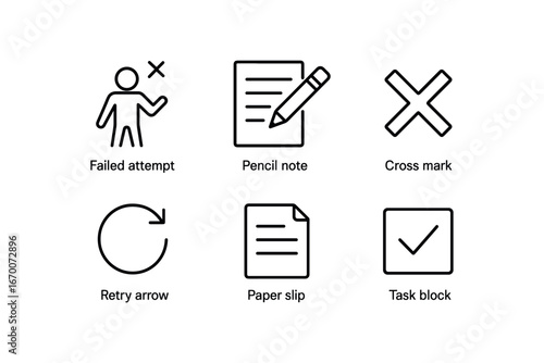simple outline stroke icon isolated on white background: failed attempt pencil note cross mark retry arrow paper slip task