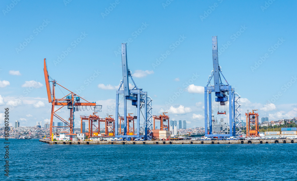 Fototapeta premium Industrial harbor with colorful cranes and skyline view in city during clear day
