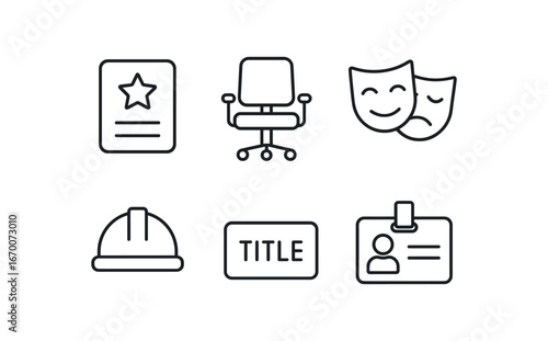 simple outline stroke icon isolated on white background: role badge job actor mask worker hat title tag duty card