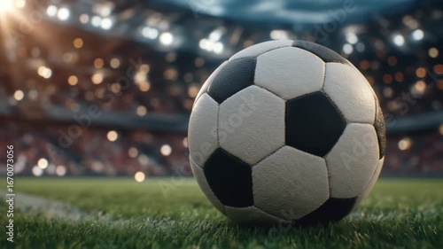 Soccer ball resting on a green grass field in a stadium with blurred background.