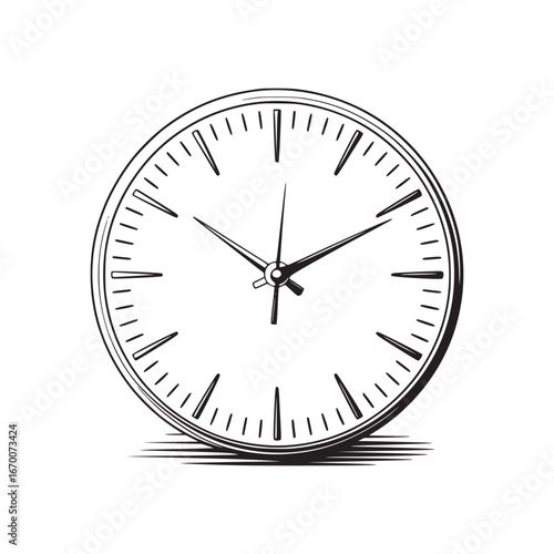 A simple black and white drawing of a round clock with hands showing the time on a white background