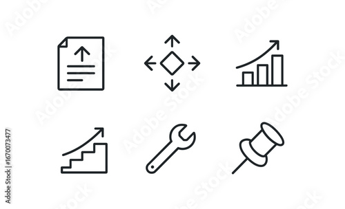 simple outline stroke icon isolated on white background: upgrade note enhance icon improved bar project step better tool fix pin