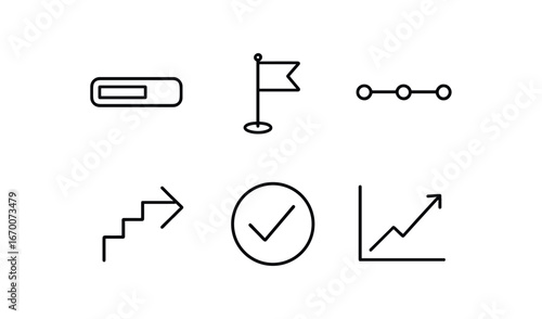 simple outline stroke icon isolated on white background: progress bar milestone flag timeline line step arrow task goal upward graph