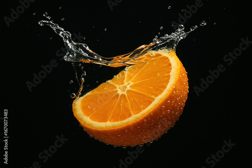 Juicy Orange Slice Plunging into Water Against a Dark Background