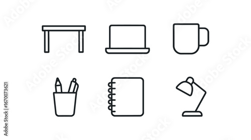 simple outline stroke icon isolated on white background: desk table laptop top coffee mug pen holder notebook pad office lamp