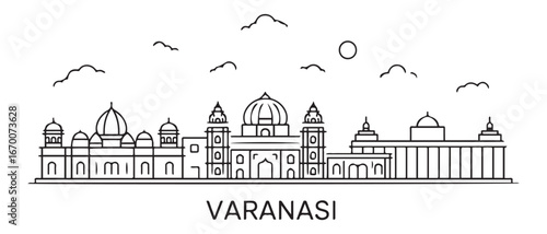 Varanasi India Line Art Skyline Travel Destination. with white background