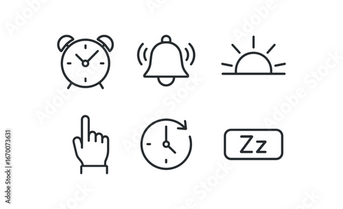 simple outline stroke icon isolated on white background: bedside clock ringing bell morning sun alarm hand time wheel snooze tab