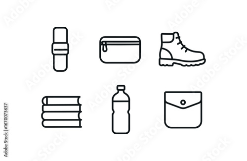 simple outline stroke icon isolated on white background: backpack strap zipper pouch hiking boot book stack water bottle side pocket