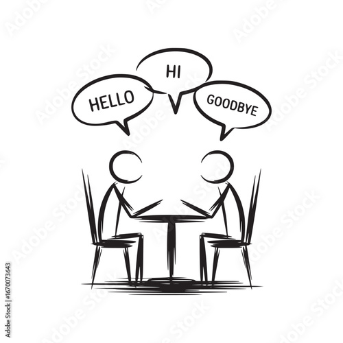 Two stick figures at a table with hello hi and goodbye speech bubbles in a black and white drawing
