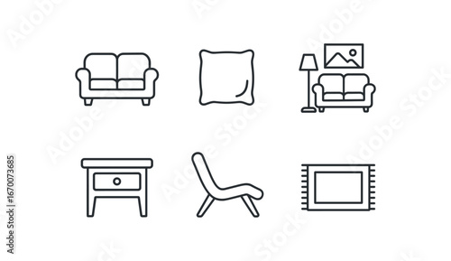 simple outline stroke icon isolated on white background: sofa couch pillow living room side table lounge chair floor rug