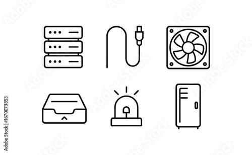 simple outline stroke icon isolated on white background: server rack cable wire cooling fan data tray blinking light rack door