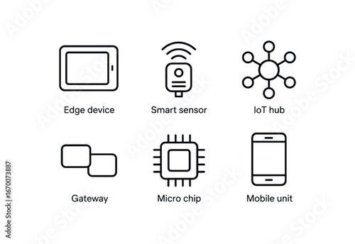 simple outline stroke icon isolated on white background: edge device smart sensor iot hub gateway micro chip mobile unit