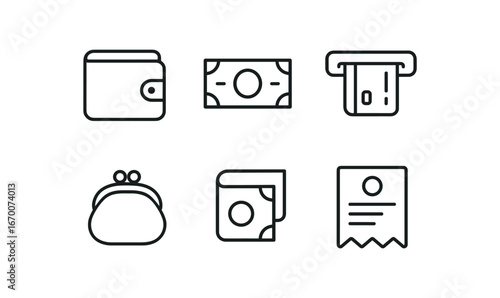 simple outline stroke icon isolated on white background: wallet leather cash note card slot coin pocket fold bill payment slip