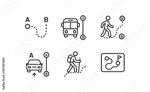 simple outline stroke icon isolated on white background: trip route bus line walking path drive lane hiking trail course map