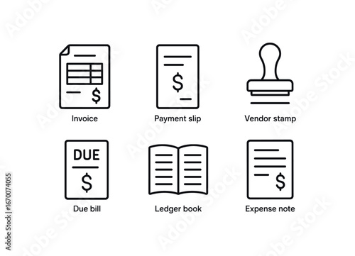 simple outline stroke icon isolated on white background: invoice form payment slip vendor stamp due bill ledger book expense note