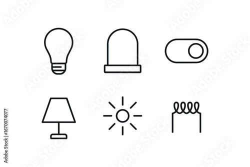 simple outline stroke icon isolated on white background: led bulb glass dome switch toggle lamp shade bright ray filament coil