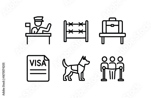 simple outline stroke icon isolated on white background: customs checkpoint border fence luggage desk paper patrol dog queue line