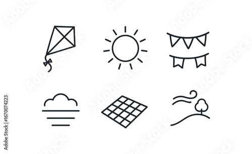 simple outline stroke icon isolated on white background: beach kite sun ray festival flag open sky picnic mat breezy hill