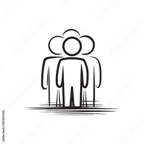Illustration of a group of people standing together in a simple black and white design style