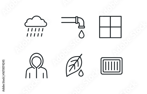 simple outline stroke icon isolated on white background: rainfall line dripping pipe window pane raincoat hood wet leaf drain
