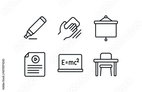 simple outline stroke icon isolated on white background: whiteboard marker eraser wipe mount lecture note math formula study desk